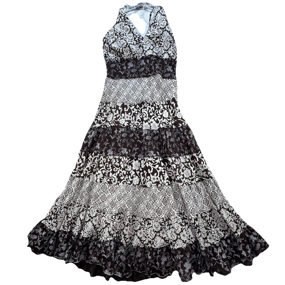 Vintage Y2K Boho Tiered Maxi Tie Neck‎ Halter Dress Sz 4 Brown Prairie Cottage